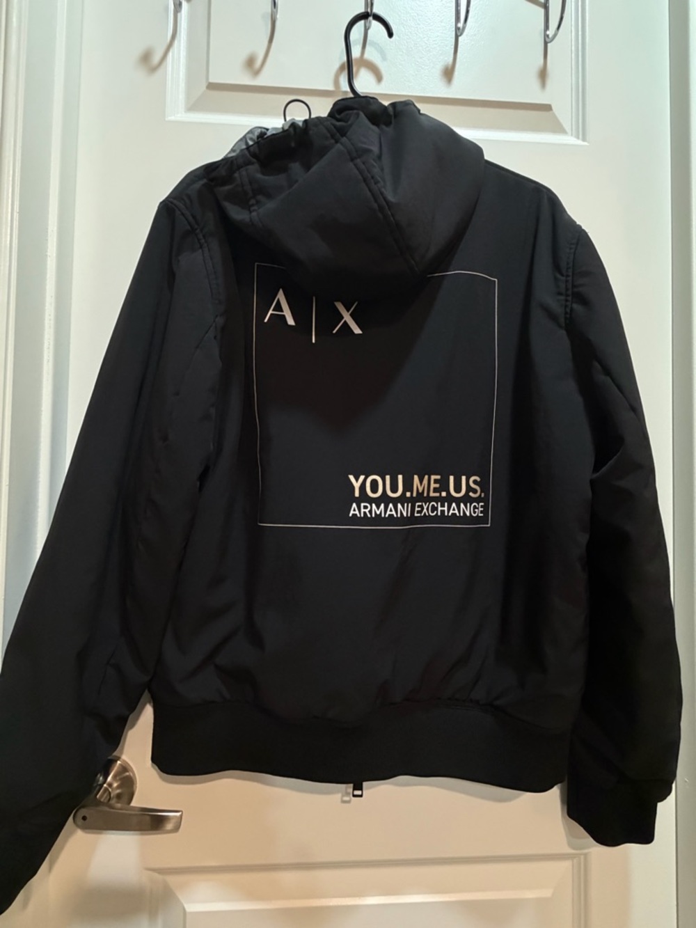 Armani Exchange Black Hooded Jacket with White Back Graphic